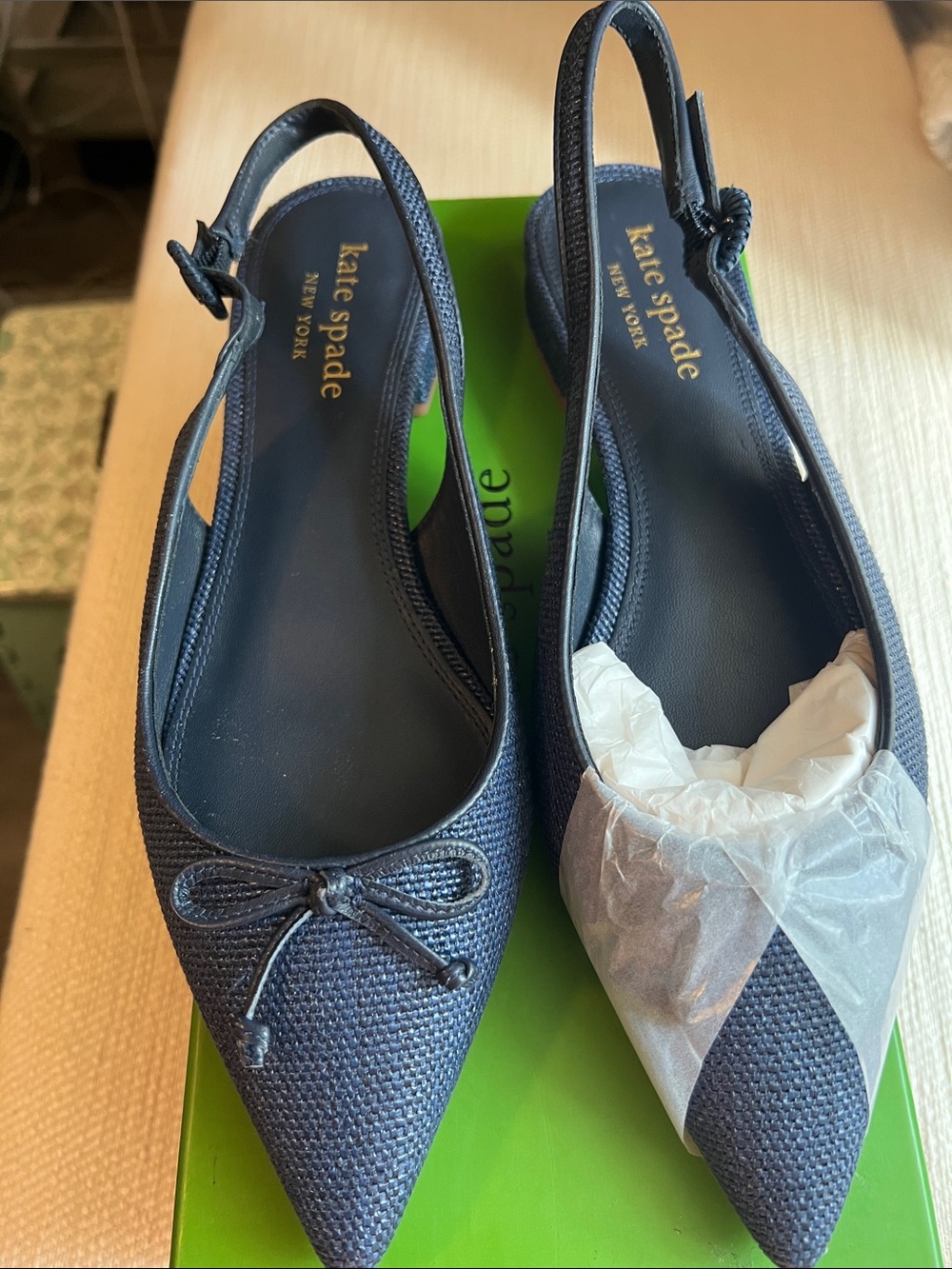 kate spade Navy Textured Slingback Pointed Toe Flats